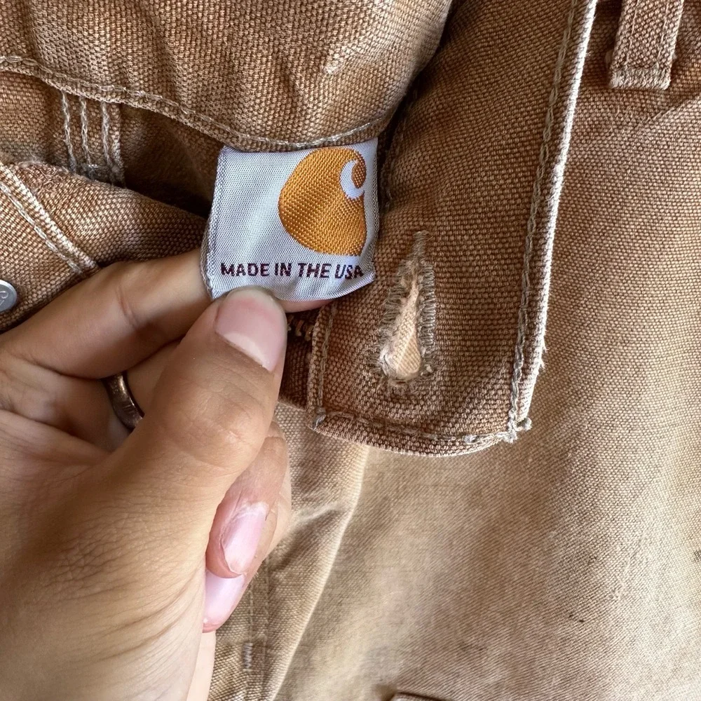 Carhartt Tan Distressed Double Knee Paint Stains Work Pants 1990s USA 36x32 - Picture 4 of 7